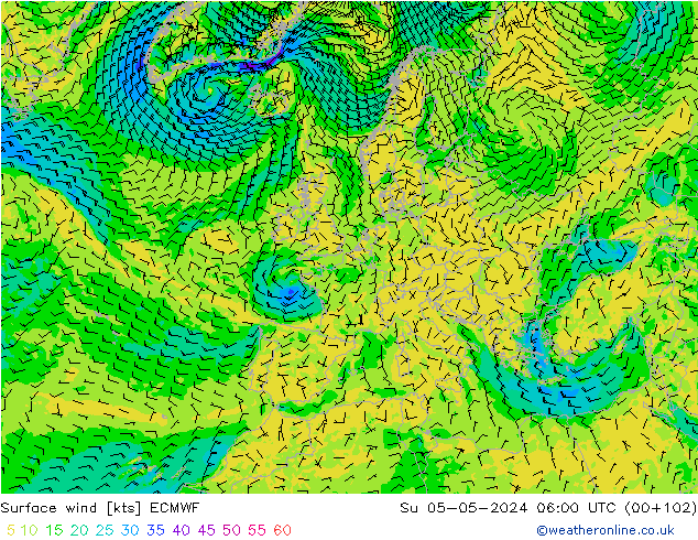 Surface wind ECMWF Su 05.05.2024 06 UTC