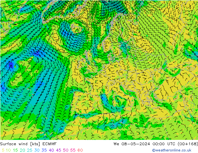 wiatr 10 m ECMWF śro. 08.05.2024 00 UTC