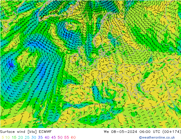 Bodenwind ECMWF Mi 08.05.2024 06 UTC