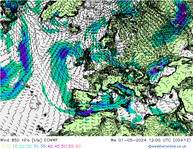 Vento 850 hPa ECMWF Qua 01.05.2024 12 UTC