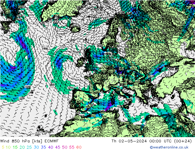 Vento 850 hPa ECMWF gio 02.05.2024 00 UTC