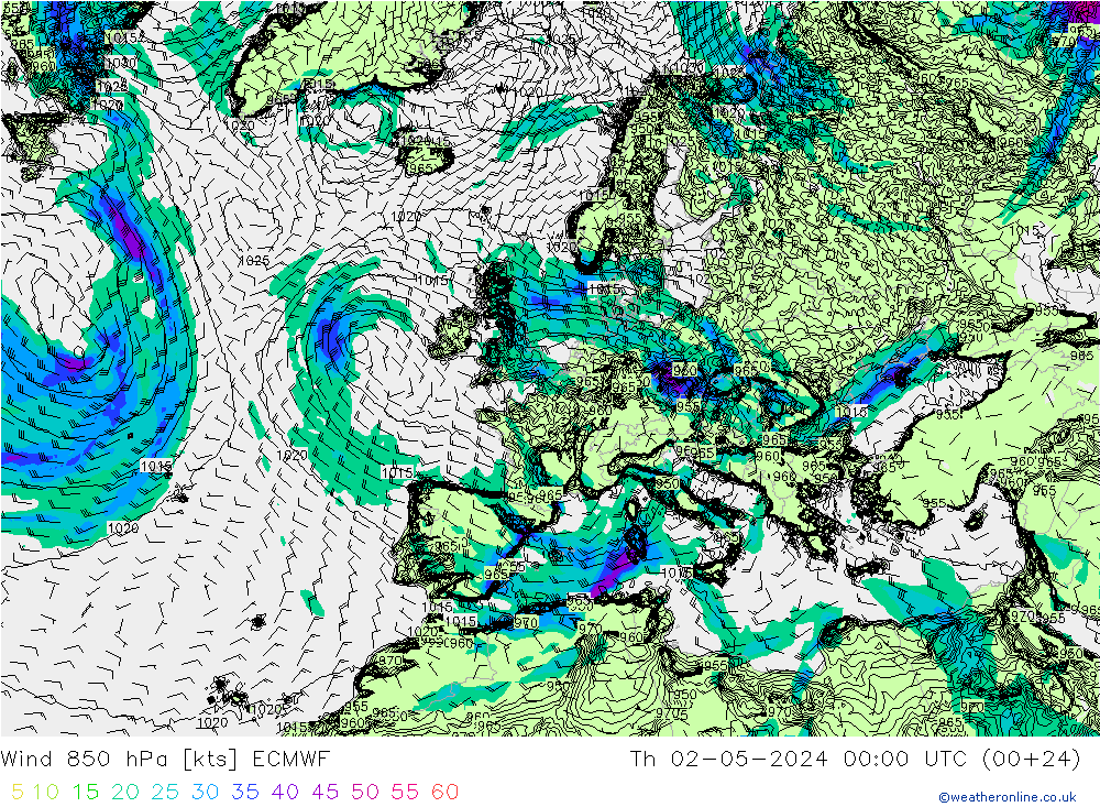 Wind 850 hPa ECMWF Th 02.05.2024 00 UTC