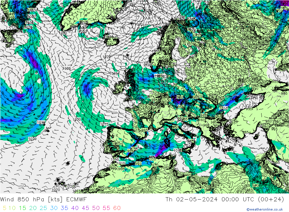 Vento 850 hPa ECMWF gio 02.05.2024 00 UTC