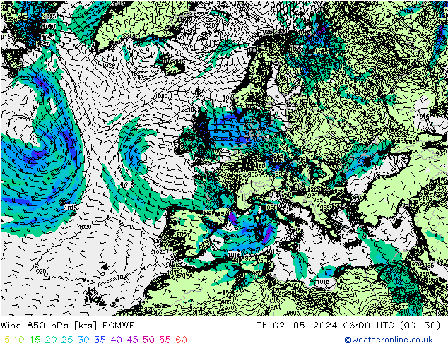 Vent 850 hPa ECMWF jeu 02.05.2024 06 UTC