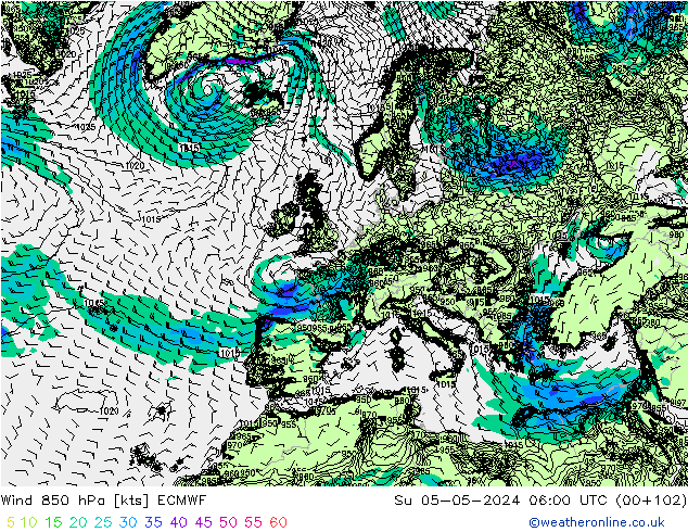 Rüzgar 850 hPa ECMWF Paz 05.05.2024 06 UTC