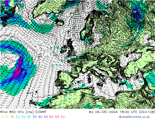 Rüzgar 850 hPa ECMWF Pzt 06.05.2024 18 UTC