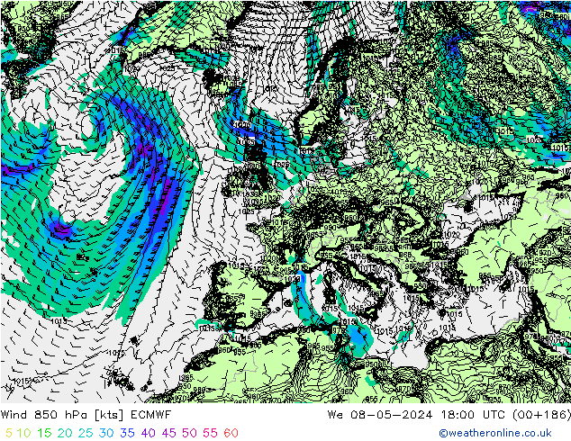 Wind 850 hPa ECMWF Mi 08.05.2024 18 UTC