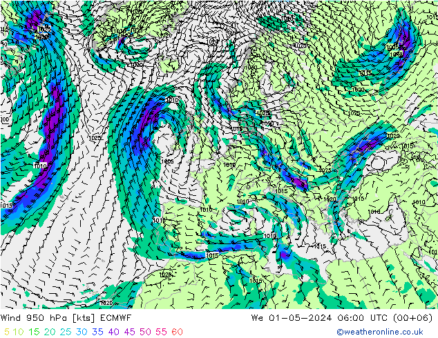 Wind 950 hPa ECMWF Mi 01.05.2024 06 UTC