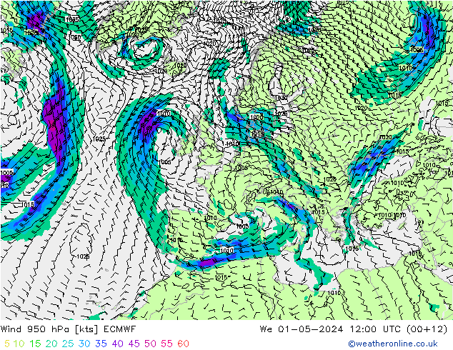 Vento 950 hPa ECMWF mer 01.05.2024 12 UTC