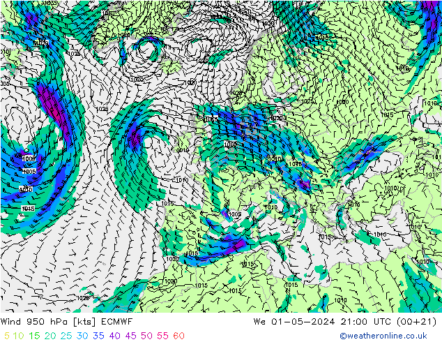 Wind 950 hPa ECMWF We 01.05.2024 21 UTC