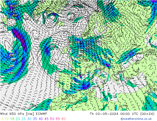 Wind 950 hPa ECMWF Th 02.05.2024 00 UTC