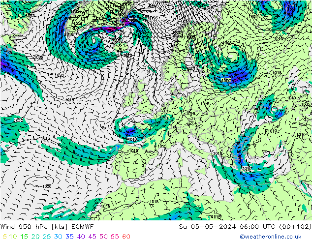 wiatr 950 hPa ECMWF nie. 05.05.2024 06 UTC