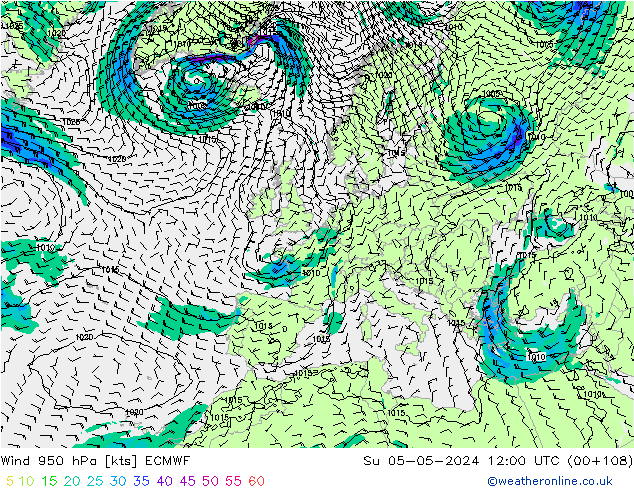 Rüzgar 950 hPa ECMWF Paz 05.05.2024 12 UTC