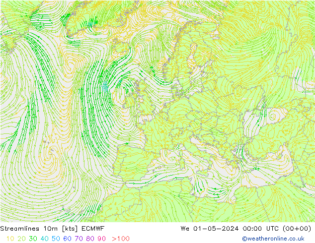 Linea di flusso 10m ECMWF mer 01.05.2024 00 UTC
