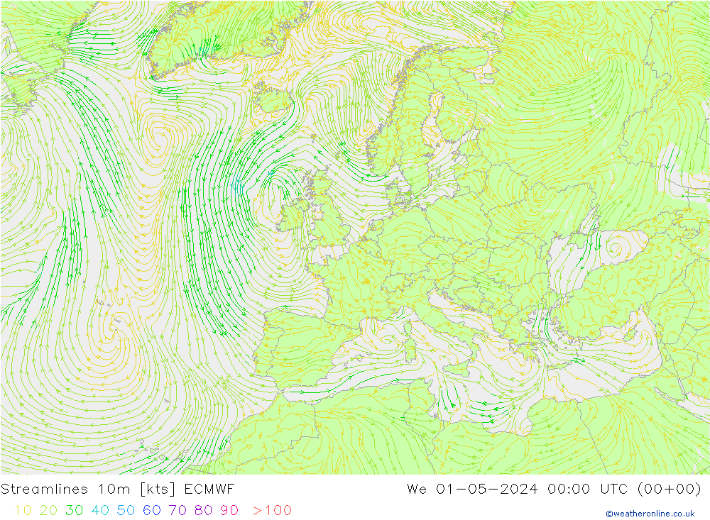 Linha de corrente 10m ECMWF Qua 01.05.2024 00 UTC