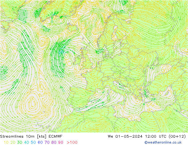 Linea di flusso 10m ECMWF mer 01.05.2024 12 UTC