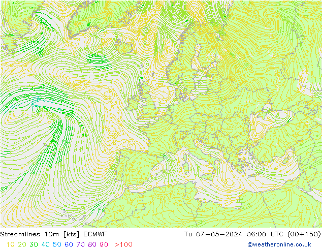 Streamlines 10m ECMWF Tu 07.05.2024 06 UTC