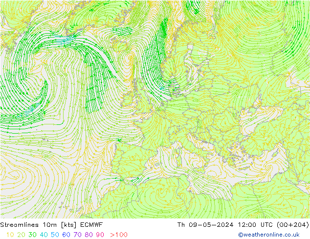 Stromlinien 10m ECMWF Do 09.05.2024 12 UTC