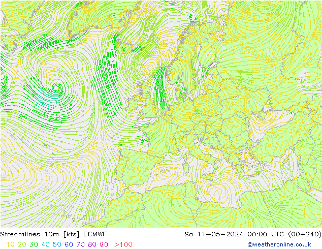 Linea di flusso 10m ECMWF sab 11.05.2024 00 UTC