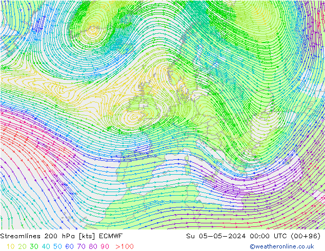 Streamlines 200 hPa ECMWF Ne 05.05.2024 00 UTC