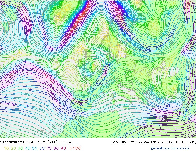 Linia prądu 300 hPa ECMWF pon. 06.05.2024 06 UTC