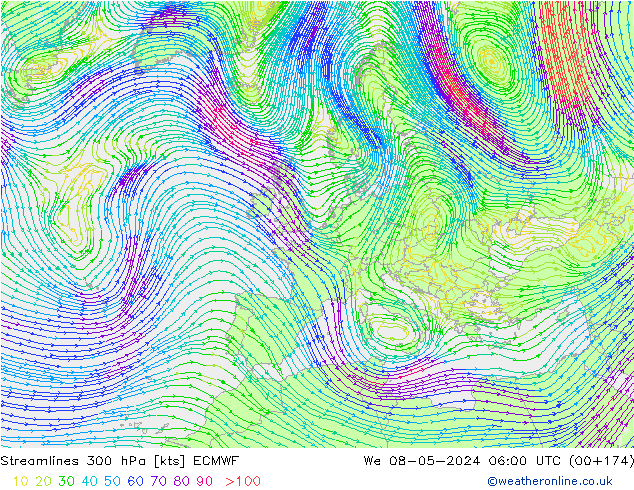 Stromlinien 300 hPa ECMWF Mi 08.05.2024 06 UTC