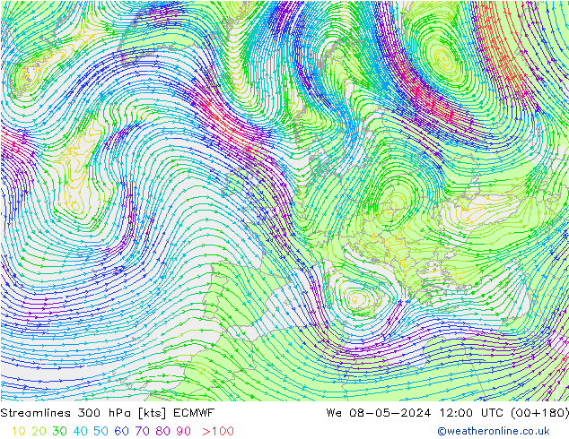 Stromlinien 300 hPa ECMWF Mi 08.05.2024 12 UTC