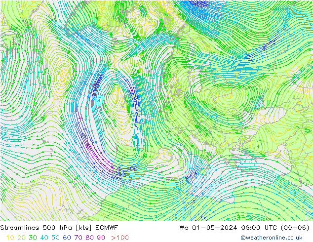 Stromlinien 500 hPa ECMWF Mi 01.05.2024 06 UTC