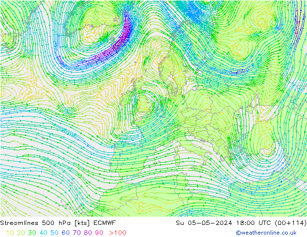 Streamlines 500 hPa ECMWF Su 05.05.2024 18 UTC