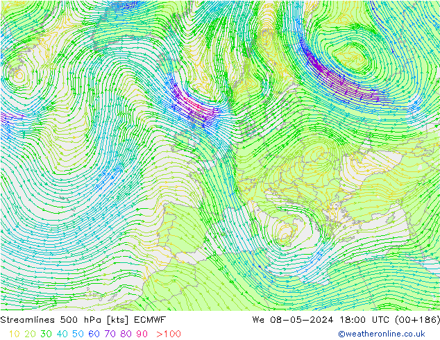 Stromlinien 500 hPa ECMWF Mi 08.05.2024 18 UTC