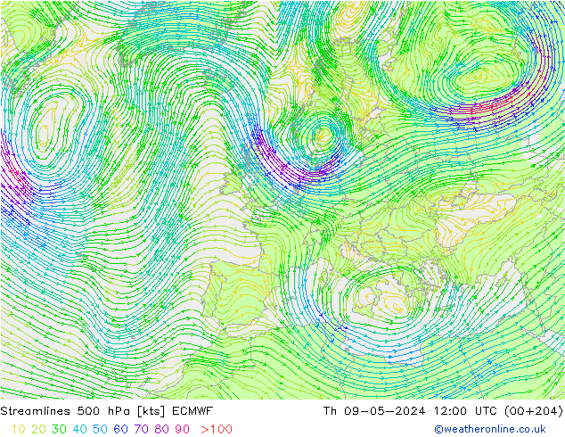 Stromlinien 500 hPa ECMWF Do 09.05.2024 12 UTC