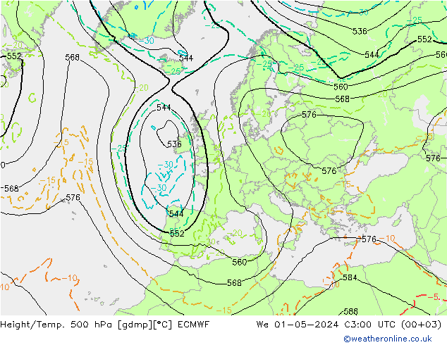 Hoogte/Temp. 500 hPa ECMWF wo 01.05.2024 03 UTC