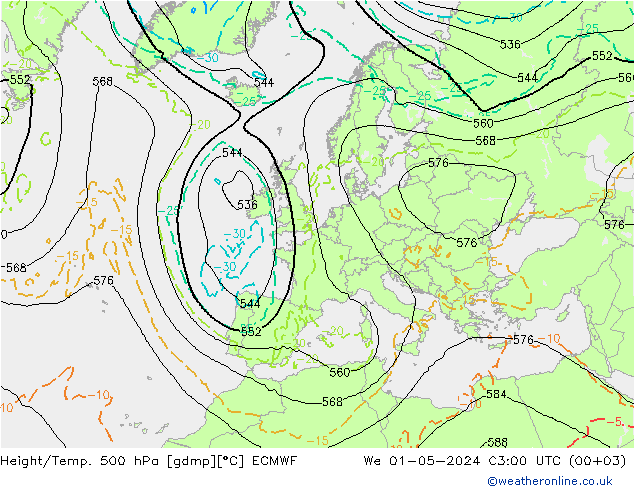 Height/Temp. 500 hPa ECMWF śro. 01.05.2024 03 UTC