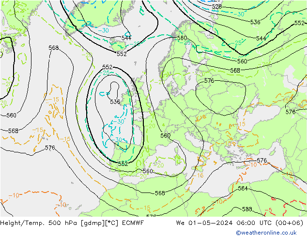 Z500/Rain (+SLP)/Z850 ECMWF mer 01.05.2024 06 UTC