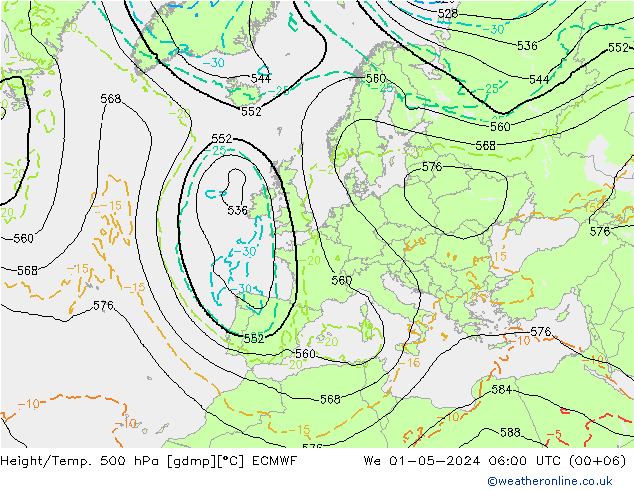 Z500/Rain (+SLP)/Z850 ECMWF mié 01.05.2024 06 UTC