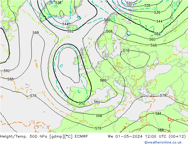 Z500/Rain (+SLP)/Z850 ECMWF Mi 01.05.2024 12 UTC