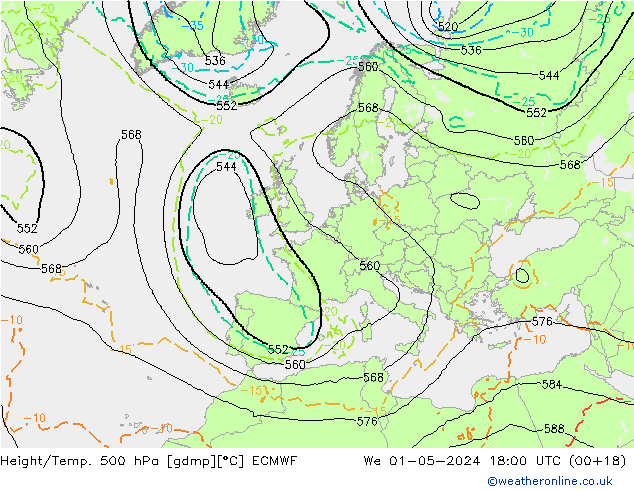 Z500/Rain (+SLP)/Z850 ECMWF Mi 01.05.2024 18 UTC