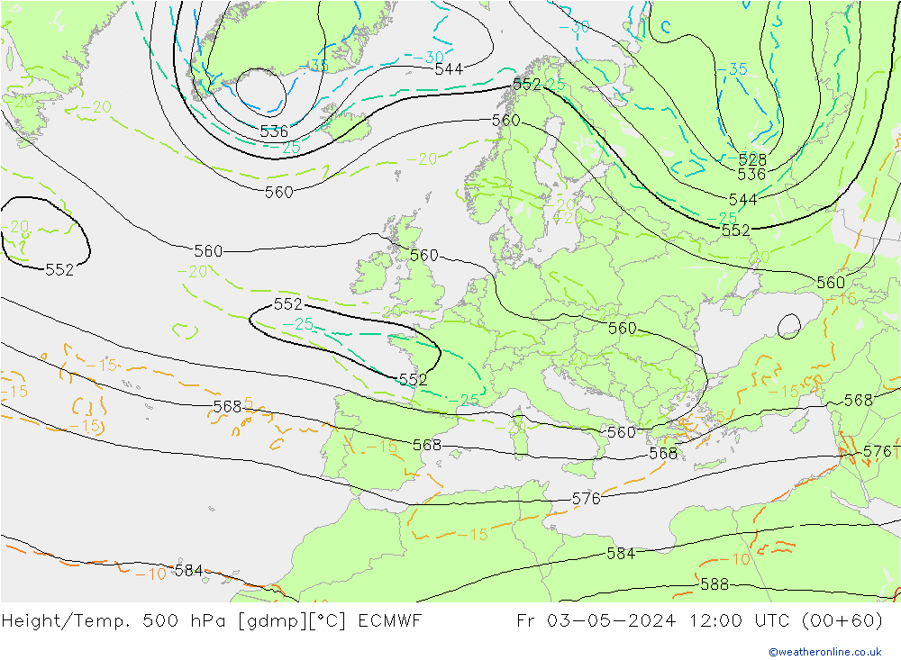 Z500/Rain (+SLP)/Z850 ECMWF Fr 03.05.2024 12 UTC