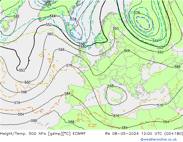 Z500/Rain (+SLP)/Z850 ECMWF Mi 08.05.2024 12 UTC