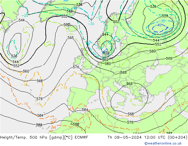 Z500/Rain (+SLP)/Z850 ECMWF Th 09.05.2024 12 UTC