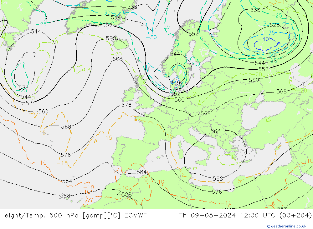 Z500/Rain (+SLP)/Z850 ECMWF Do 09.05.2024 12 UTC