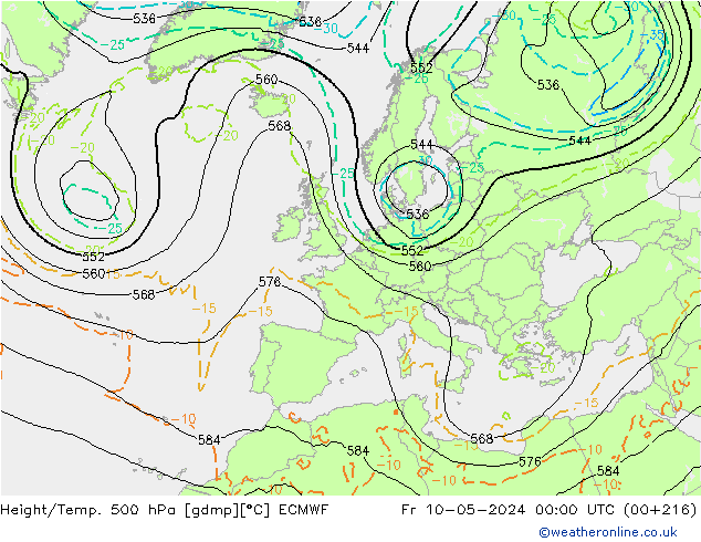 Z500/Rain (+SLP)/Z850 ECMWF  10.05.2024 00 UTC