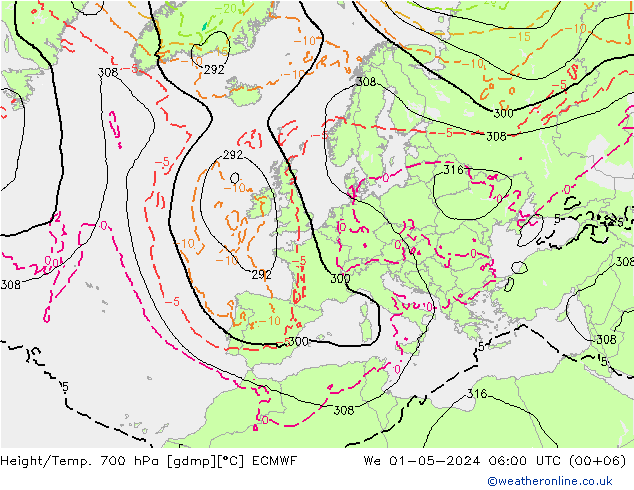 Height/Temp. 700 гПа ECMWF ср 01.05.2024 06 UTC