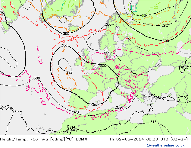 Height/Temp. 700 hPa ECMWF gio 02.05.2024 00 UTC