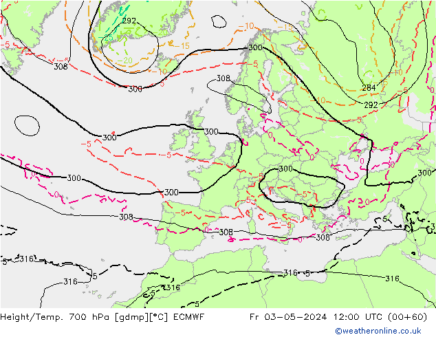 Height/Temp. 700 hPa ECMWF Sex 03.05.2024 12 UTC