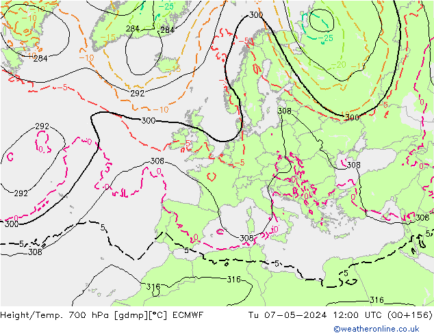 Height/Temp. 700 hPa ECMWF Tu 07.05.2024 12 UTC