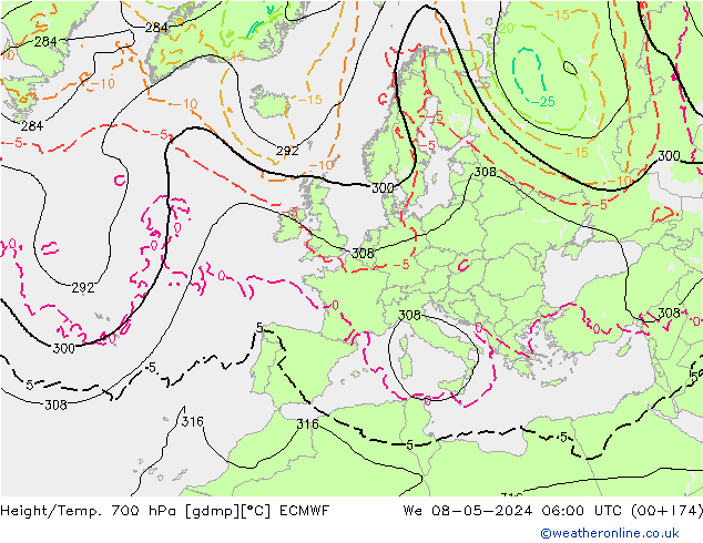 Height/Temp. 700 hPa ECMWF Mi 08.05.2024 06 UTC