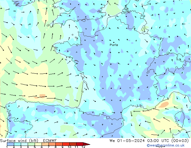 Viento 10 m (bft) ECMWF mié 01.05.2024 03 UTC