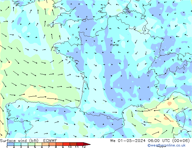 Bodenwind (bft) ECMWF Mi 01.05.2024 06 UTC