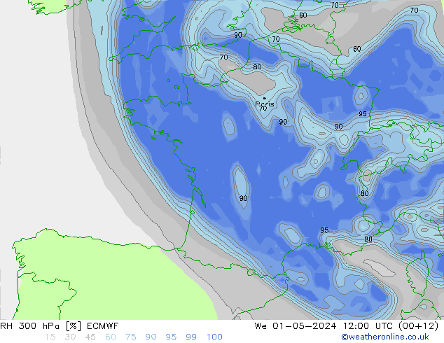 RH 300 hPa ECMWF Mi 01.05.2024 12 UTC